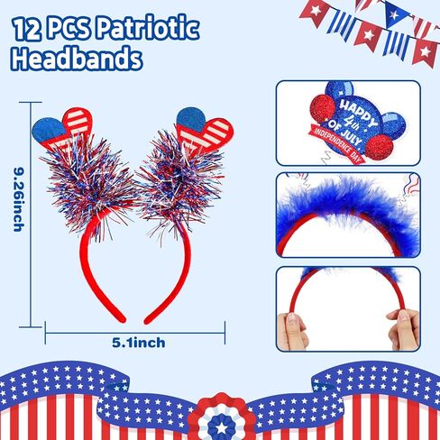 Max Fun 24Pcs 4th of July Accessories, 12Pcs Headbands and 12Pcs Glasses for Independence Day Adults Kids Party Favors Patriotic Fourth of July Party Supplies Set Parades Decorations in Kuwait