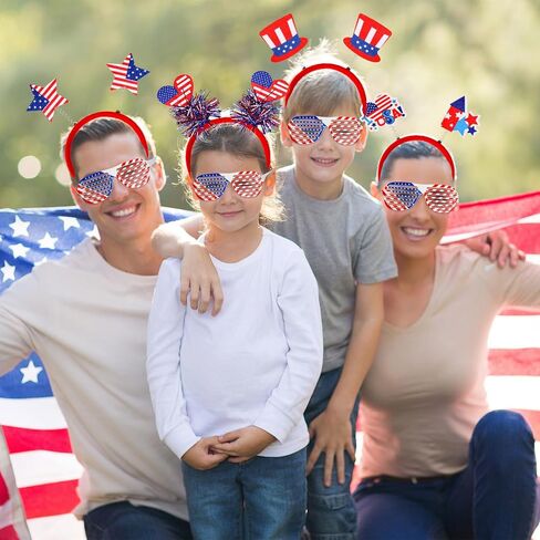 Max Fun 24Pcs 4th of July Accessories, 12Pcs Headbands and 12Pcs Glasses for Independence Day Adults Kids Party Favors Patriotic Fourth of July Party Supplies Set Parades Decorations in Kuwait