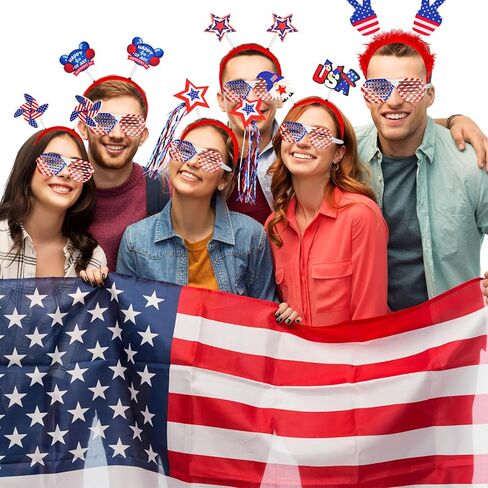 Max Fun 24Pcs 4th of July Accessories, 12Pcs Headbands and 12Pcs Glasses for Independence Day Adults Kids Party Favors Patriotic Fourth of July Party Supplies Set Parades Decorations in Kuwait