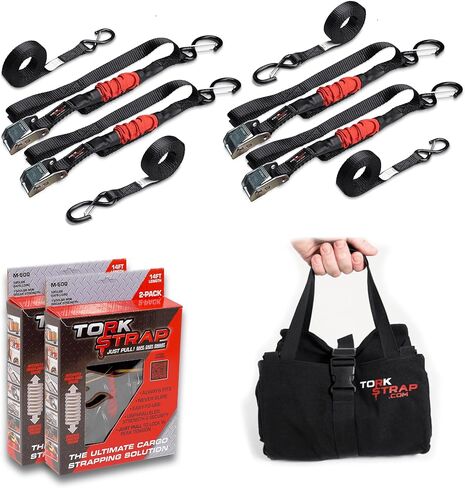 TorkStrap M500 Bundle | 14' x 1'' Spring Loaded Tie Down Straps with Carry Bag - 1,500LB Max Load - Just Pull Alternative to Ratchet Straps - Integrated Soft Loops (4-Pack) in Saudi Arabia