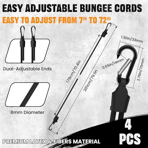 4 Pcs 72 Inch Adjustable Bungee Cord with Hooks, Easy to Adjust from 7" to 72", Heavy Duty Outdoor Carabiner Bungee Cord with Dual Adjustable Ends for Cargo Bike Luggage Carts Truck (Black) in Saudi Arabia