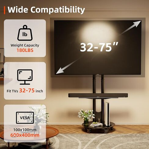 CABTE Rolling TV Stand for 32-75 Inch, Universal Heavy Duty Mobile TV Stand with Storage Shelf, Height Adjustable Mount with Locking Casters, Fits TVs VESA 600x400 (Max 180LBS)(Black) in Saudi Arabia