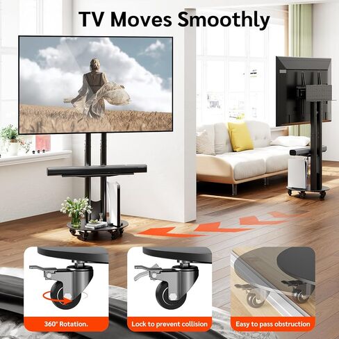 CABTE Rolling TV Stand for 32-75 Inch, Universal Heavy Duty Mobile TV Stand with Storage Shelf, Height Adjustable Mount with Locking Casters, Fits TVs VESA 600x400 (Max 180LBS)(Black) in Saudi Arabia