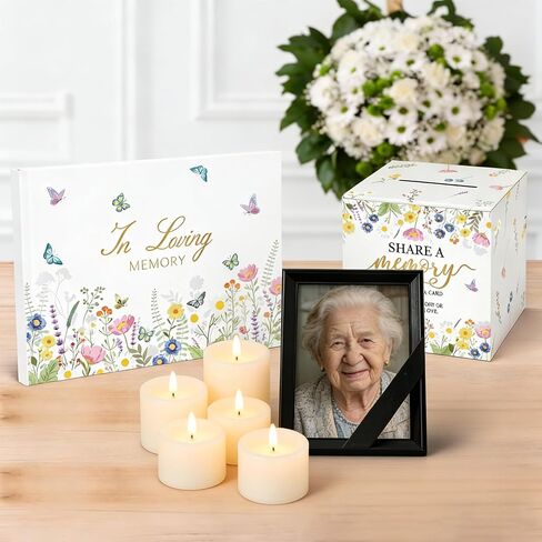 65 Pcs Funeral Guest Book for Memorial Service Celebration of Life Guest Book Hardcover in Loving Memory with 60 Share a Memory Cards,Card Box,Table Sign and Pen for Funeral Favors in Saudi Arabia