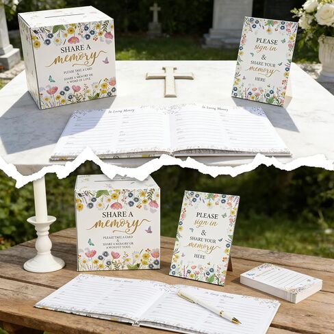 65 Pcs Funeral Guest Book for Memorial Service Celebration of Life Guest Book Hardcover in Loving Memory with 60 Share a Memory Cards,Card Box,Table Sign and Pen for Funeral Favors in Saudi Arabia