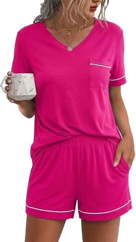 Ekouaer Pajamas Set for Women 2 Piece Sleepwear Short Sleeve Top and Shorts Soft V Neck Pjs Lounge Set with Pockets S-XXL in Saudi Arabia