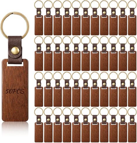 50 Pcs Wood Keychain Blank, Unfinished Laser Engraving Blanks with Key Rings, Rectangular Keychain Ring Tag with Leather Straps Wood Sign Bulk for DIY, Crafts Gift, Pet Tags in Saudi Arabia