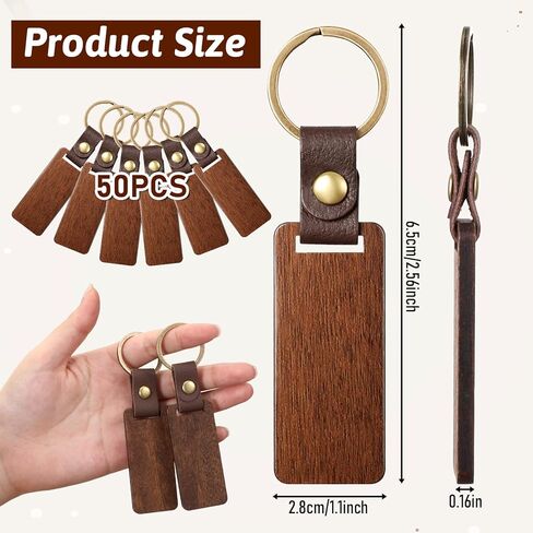 50 Pcs Wood Keychain Blank, Unfinished Laser Engraving Blanks with Key Rings, Rectangular Keychain Ring Tag with Leather Straps Wood Sign Bulk for DIY, Crafts Gift, Pet Tags in Saudi Arabia