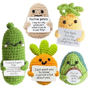 Positive Potato Crochet Doll,Emotional Support Pickle Cucumber,5PCS Encouragement Support Vegetables and Fruits Knitted Dolls with Positive Card