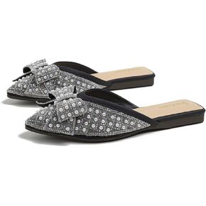 Mules for Woman Comfortable Slip on Bow Rhinestone Pointed Toe Mule Shoes