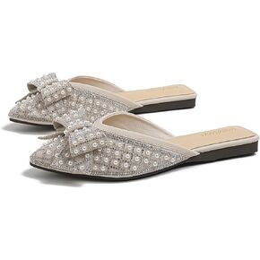 Mules for Woman Comfortable Slip on Bow Rhinestone Pointed Toe Mule Shoes
