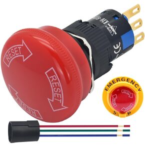 16mm 0.63" Red Mushroom Emergency Stop Push Button Switch DPDT 6 Pin Big Head 30mm Latching with Anti-Collision Protective Cover