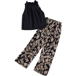 WDIRARA Girl's 2 Piece Outfits Halter Neck Sleeveless Tank Top and Printed Loose Wide Leg Pants Set