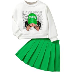 Floerns Toddler Girl's Graphic Print Sweatshirt with Pleated Hem Skirt 2 Piece Outfits