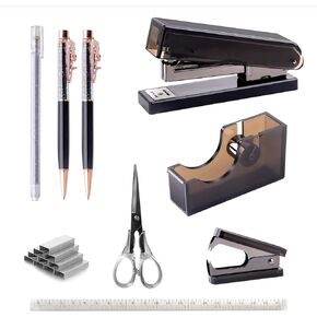 Owfeel Black Desk Accessory Kit,9 pcs Acrylic Stapler Set,Office Supplies Set, with Tape Dispenser, Staple Remover, Ballpoint Pen,Transparent Ruler,1000 Staples, Scissor for Office Clerks and Students