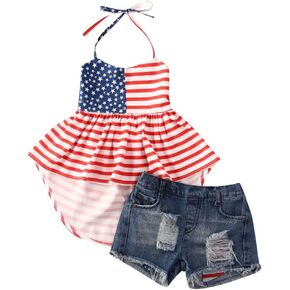 BULINGNA Kids Toddler Baby Girl 4th of July Outfit, USA Flag Halter Top Dress + Denim Shorts Summer Clothes Set