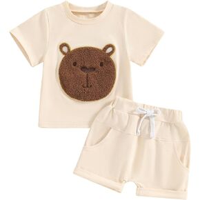Baby Bear Outfit Toddler Boys Girls Embroidered Fuzzy Bear Shirt Tops Elastic Waist Jogger Short 2Pcs Summer Clothes