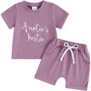 Gueuusu Toddler Baby Girl Clothes Aunties Bestie Short Sleeve T Shirt Top and Shorts 2 Piece Summer Outfit Set