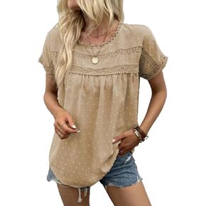 Poetsky Womens Summer Short Sleeve Lace Crochet Blouses Flowy Babydoll Dressy Casual Work Tops