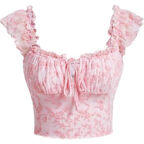 Verdusa Women's Floral Print Tie Front Ruched Sweetheart Neck Cap Sleeve Crop Blouse Top