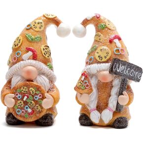 Hodao 2 Set Pizza Gnome Figurines, Resin Gnomes Party Decorations Tiered Tray Handmade Collectible Tabletop Kitchen Decor for Home Farmhouse, Brown