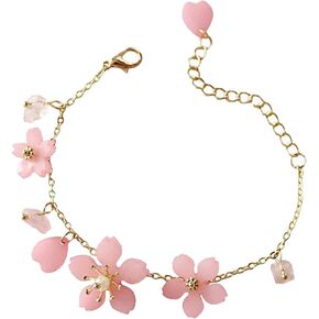 Women Pink Cherry Blossom Petal Flower Bracelet with Pearls Handmade Adjustable Cute Jewelry Alloy Acrylic Crystal Resin Flower Shape Sweet Romantic Gift