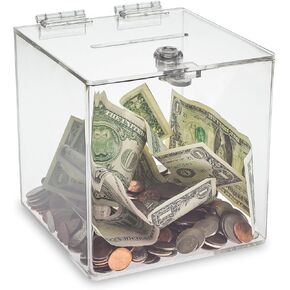 Source One Clear Cube Donation Box With Cam Lock Suggestion Registration Raffle Bin (Medium 8 Inch)
