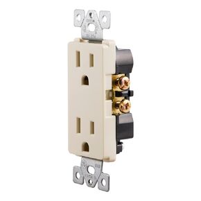 GE UltraPro Duplex Heavy-Duty Receptacle, White, Wall Outlet, Reinforced Yoke, Self-grounding Clip, 3 Prong, Supports 15A, UL Listed, 42157