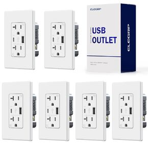منافذ USB ELEGRP، منفذ حائط 15 أمبير مع منافذ USB، أوعية منافذ USB 21 وات مع منافذ من النوع A ونوع C، وعاء مقاوم للعبث، لوحة حائط متضمنة، مدرج في قائمة Ul (6 عبوات، أبيض غير لامع)