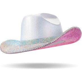Hercicy Rhinestone Cowgirl Hat with Diamond Fringe Bling Cowgirl Hat with Western Wide for Cosplay Wedding