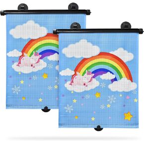 EcoNour Car Window Shade for Baby (2 Pack) | Kid Window Shades for Car | Sparkling Unicorn Rainbow Print (15" x 17") | Retractable Shades for Side Windows for Effective Sun Protection