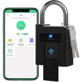 Fingerprint Padlock - Fingerprint Bluetooth APP Padlock with Key Backup, Smart Biometric Keyless Padlock Heavy Duty Outdoor Waterproof Gate Lock for Fence Pool Shed Storage Gym Locker