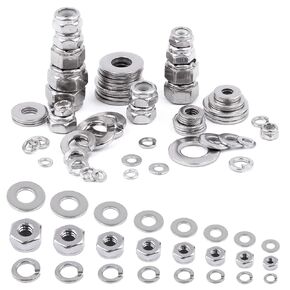 Glarks 150Pcs 304 Stainless Steel #10-24 Nylon Insert Hex Lock Nuts, Lock Washers and Flat Washers Assortment Kit for Screws and Bolts, SAE Sizes