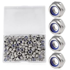 SPEEDWOX 100 PCS M6 x 1mm Nylon Insert Nuts Locknuts, Self-Locking Nut 304 Stainless Steel, Hexagon Lock Nut with Storage Box for Lock Washers