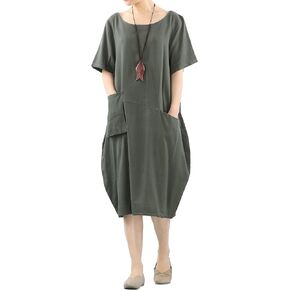 Minibee Women's Linen Tunic Dress Summer Short Sleeve Casual Kaftan Flowy Midi Dresses with Pockets