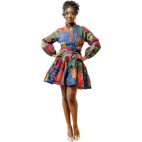 D'IYANU | Malia African Pattern Ankara Mini Dress for Women | Traditional Culture with Long Sleeves