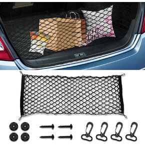 Car Rear Cargo Net, Trunk Cargo Storage Net, Adjustable Elastic Storage Net with Hooks and Screws, 35.4"x15.8" Stretchable Cargo Net, Trunk Bed Accessories Universal Fit for Car, Truck, SUV