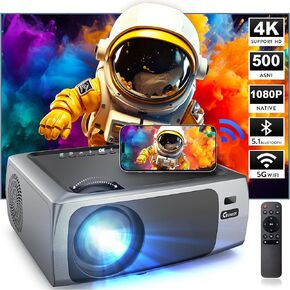 Projector with WiFi and Bluetooth, 4K Support Outdoor Movie Projector 500 ANSI Native 1080P with Auto Keystone HIFI Speaker, 250" Screen 50% Zoom F410 Phone Projector for HDMI/USB/PC/TV Stick
