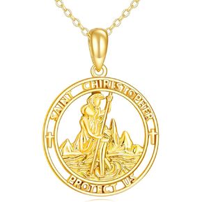 14K Solid Gold Saint Christopher Necklace Patron Saint Pendant 14K Real Gold Religious Jewelry Gifts for Women
