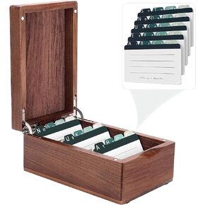 MaxGear Business Card Holder, 2.2" x 3.5" Walnut Wood Business Card Organizer, 3 Dividers, Index Card Holder Holds 300 Cards, Includes A-Z Tabs, Desktop Card Storage Box for Office & Home