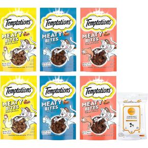 Variety Pack (6) Temptation Meaty Bites Soft & Savory Cat Treats (2) Chicken (2) Salmon (2) Tuna (1.5-oz Each) with AuroraPet Wipes in Saudi Arabia