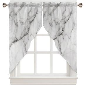 Swag Curtain Valance for Kitchen, Gray White Marble Pattern Window Treatment Rod Pocket Bedroom Tier Curtains for Bathroom Farmhouses 28"x36"x2