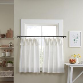 Mercantile Drop Cloth Tier Curtain Panel Pair, Light Filtering Ring & Tab Top with Attached Valance, 36 in Long x 30 in Wide Each Tier Panel, Farmhouse 2 Panel Window Tier Curtains, Linen