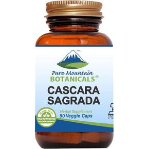 Pure Mountain Botanicals Cascara Sagrada Capsules - 90 Vegan Kosher Caps Now with 400mg of Wild Harvest Cascara Sagrada Aged Bark