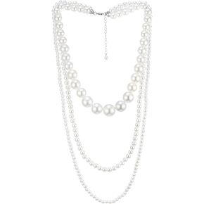 Womens Statement Necklace, Layered Three-strand White Pearls and Beads Chains, Dress Wedding Banquet