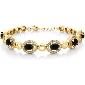 Gem Stone King 18K Yellow Gold Plated Silver Black Onyx Tennis Bracelet For Women (6.12 Cttw, Gemstone Birthstone, Oval 7X5MM, 7 Inch with 1 Inch Extender)