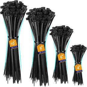 Cable Zip Ties,480 Pack Black Assorted Sizes 10+8+6+4 Inch,Multi-Purpose Self-Locking Nylon Cable Cord Management,Plastic Wire Ties, Black Cable Ties, UV Resistant Wire Ties in Kuwait