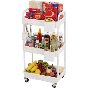 Inspired Living 5-Tier Plastic Rolling Utility Cart with Handle, Lockable Caster Wheels 2 Bins 3 Hanging Baskets & 4 Hooks, Multi-Functional Storage Trolley, for Kitchen, Living Room, Bathroom, White
