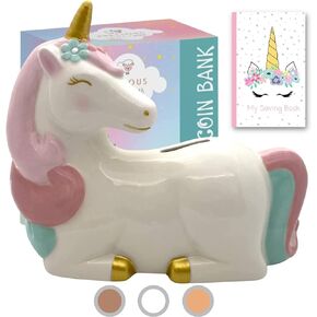Unicorn Piggy Bank Girls | Ceramic Piggy Bank w/Rubber Stopper | Free Printable Saving Tracker | Girls Piggy Bank for Girls | Cute Piggy Bank Girls Birthday Gift | Kids Piggy Bank for Girls