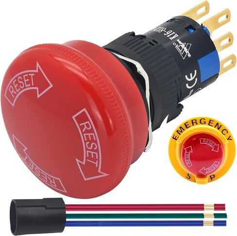 16mm 0.63" Red Mushroom Emergency Stop Push Button Switch DPDT 6 Pin Big Head 30mm Latching with Anti-Collision Protective Cover in Saudi Arabia